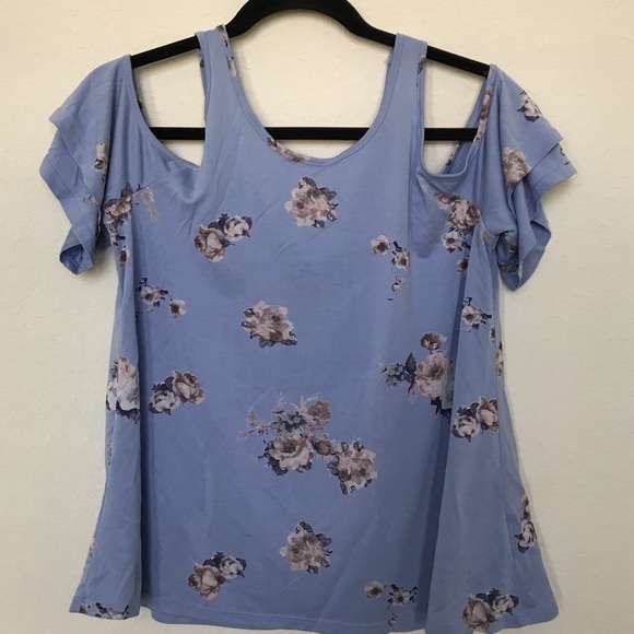 Dina Be Cold Shoulder Floral Blue Top - Picture 1 of 5